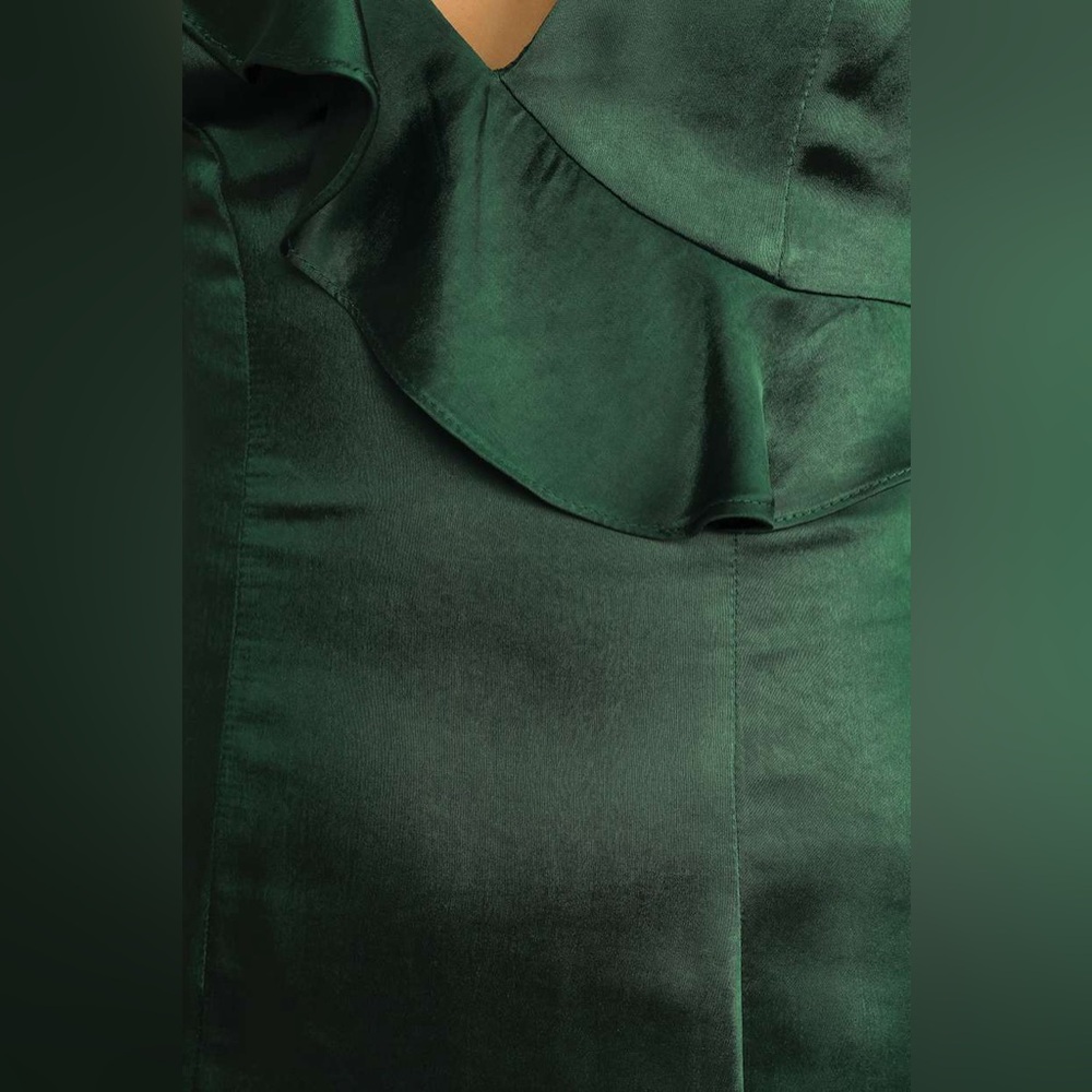 SOLD OUT Lucky Lady Hunter Green Satin Ruffled Maxi Dress - Picture 6 of 12